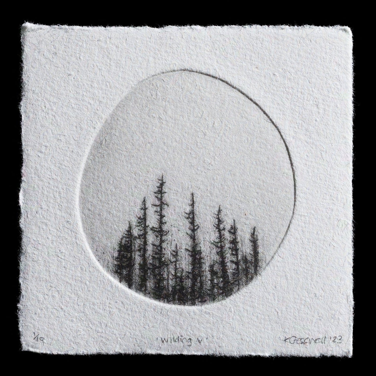 This captivating print, 'Wilding V', is a testament to Kyla Cresswell's skillful use of drypoint techniques. Against a subtle grey background, a delicate arrangement of dark grey trees takes center stage, inviting viewers into a serene and contemplative world. The artist's masterful application of drypoint creates a sense of depth and texture, elevating the print to a work of art that rewards close examination.