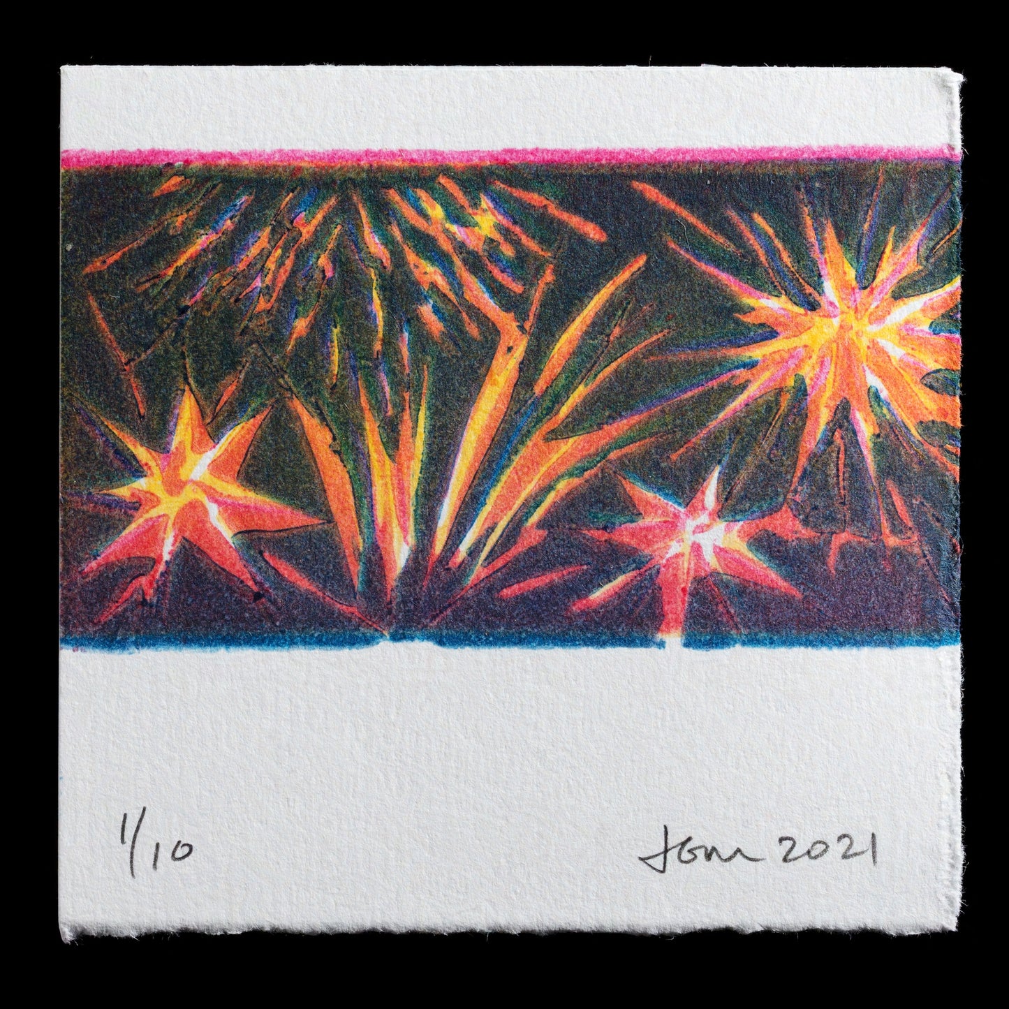 This captivating print, "Untitled" by Julia Graham Mesnikoff, showcases a vibrant arrangement of abstract shapes in shades of pink, yellow, blue, and black against a white background. The linocut technique is evident in its bold, textured lines.