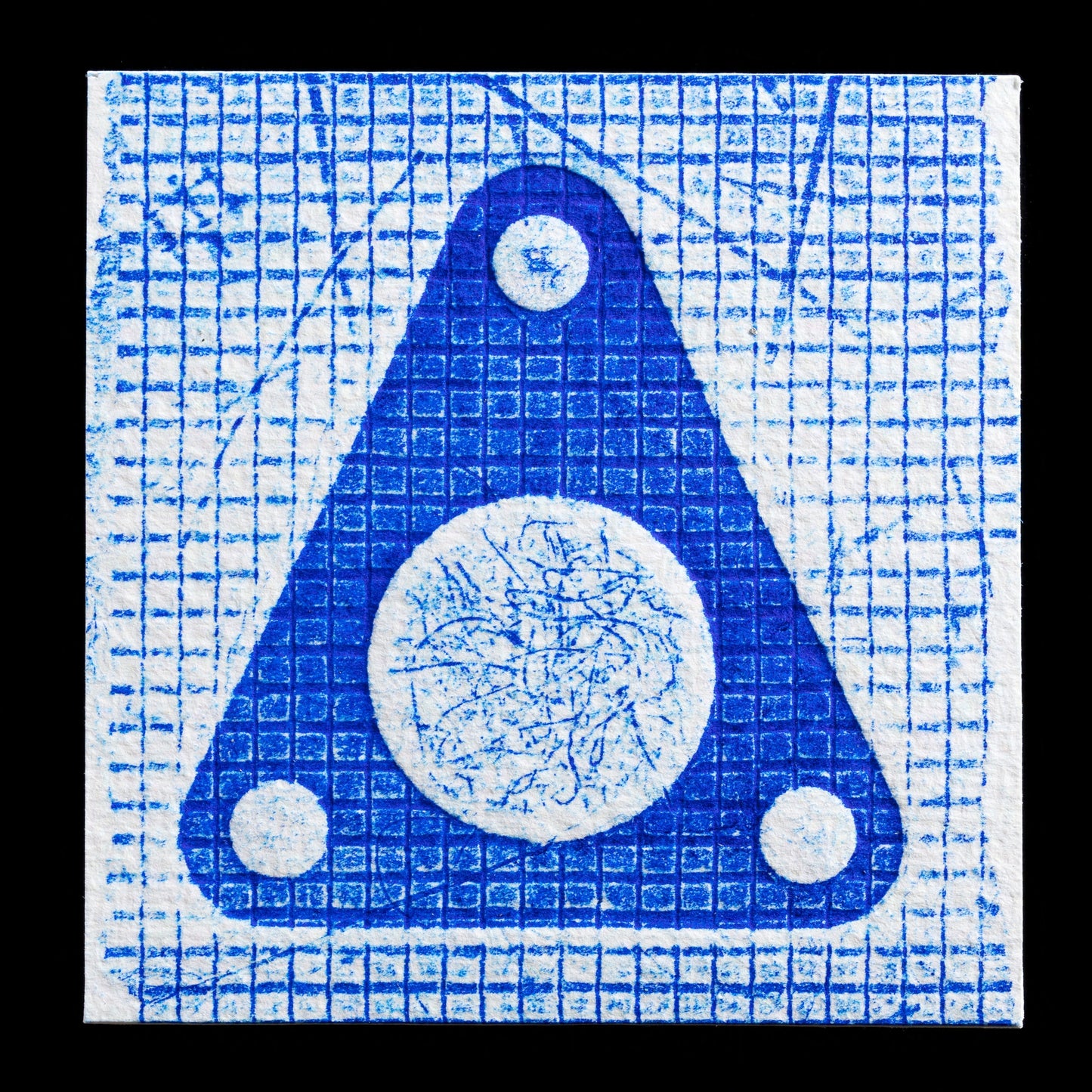 The image features a blue abstract art piece with geometric shapes, showcasing a blend of circular and triangular forms set against a grid-like background. The dominant color is various shades of blue, creating a visually striking composition.