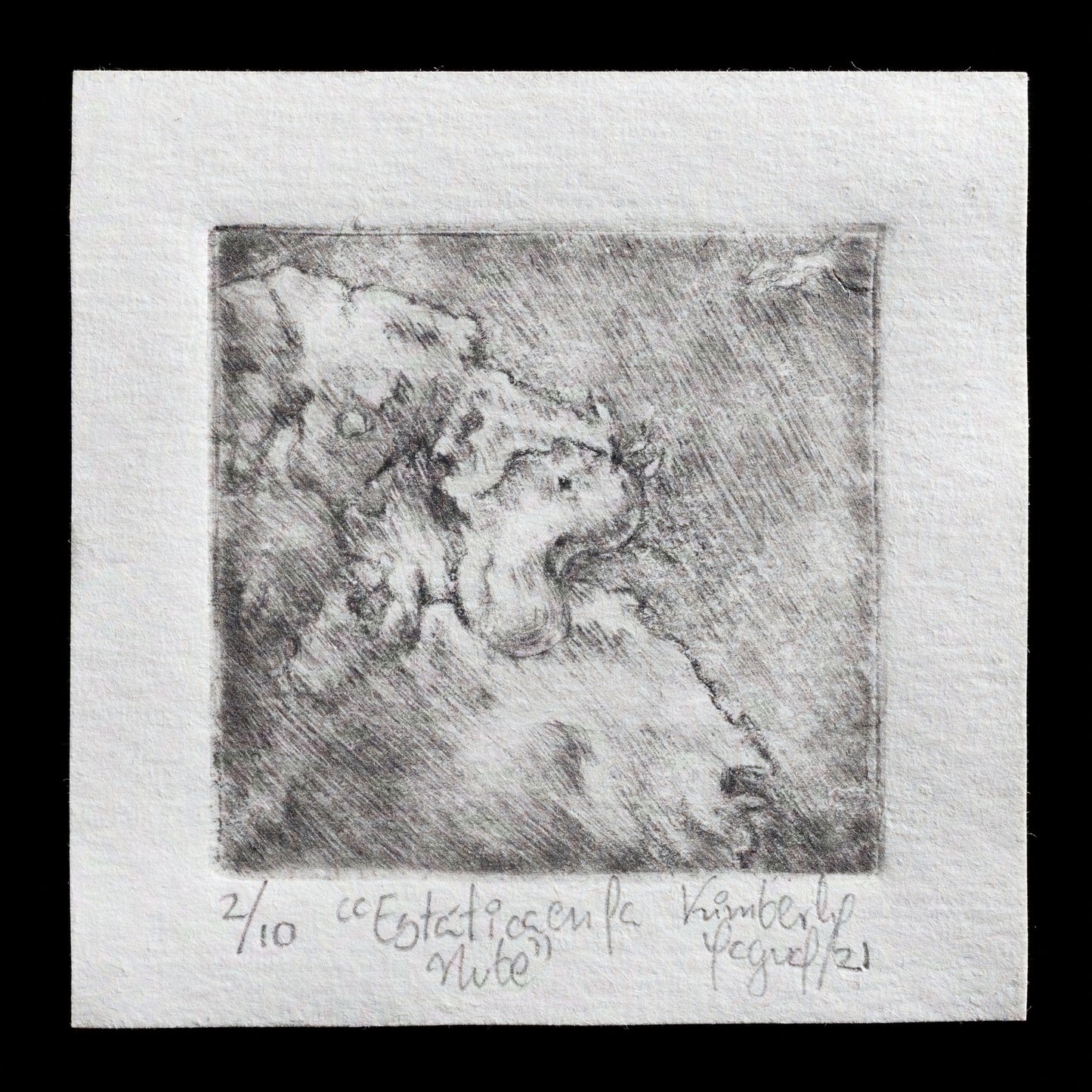 This print, titled "Est�tica en la nube" by Kimberly Carolina Yagular Aguilar, showcases a serene scene featuring a cloud with static electricity. The artist's use of drypoint technique creates a detailed and textured representation of the subject matter.