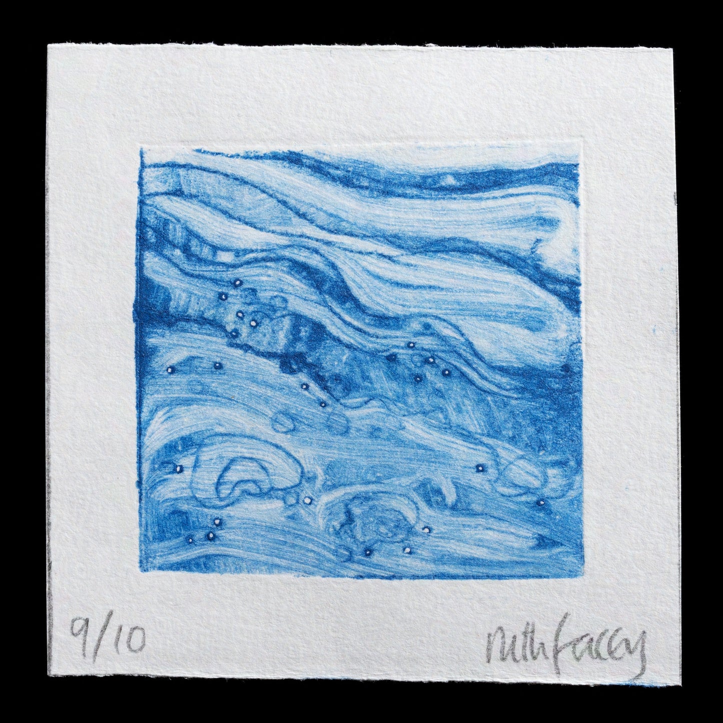 This captivating print, titled "Shorelines", is a testament to Ruth Facey's skillful use of drypoint technique. Against a subtle grey-blue background, intricate patterns emerge in shades of blue, evoking the gentle lapping of waves against the shore. The artist's signature in pencil at the bottom right adds a touch of elegance, while the number "9/10" in pencil at the bottom left provides context to this unique piece.