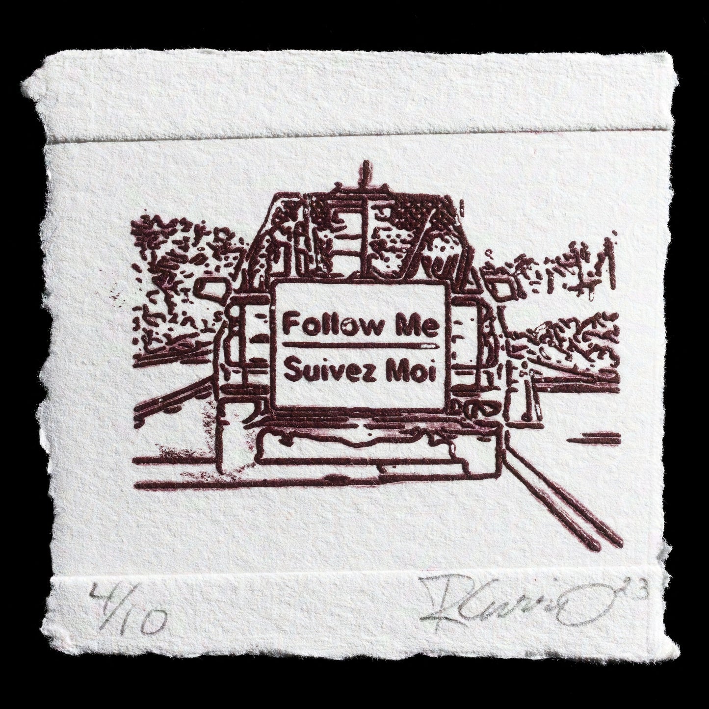 This etching on paper titled 'Cabot Trail Road Works' by Robert Currie depicts a road work scene with a bold red color scheme, showcasing the artist's skill in intaglio techniques combined with lasercut details. The vibrant red hue dominates the print, adding depth and contrast to the subject matter.