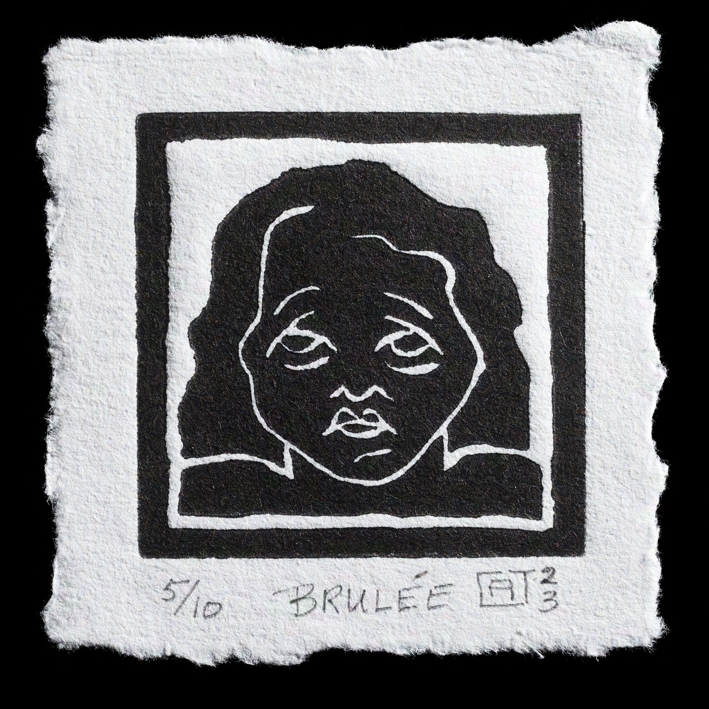 The image features a striking linocut print titled "Brul�e (Burnt)" by Catherine Bastarache.
**Key Details**
* The print showcases a black-and-white portrait of a woman's head, rendered in bold lines and geometric shapes.
* The composition is simple yet effective, with a square border framing the subject's face.
