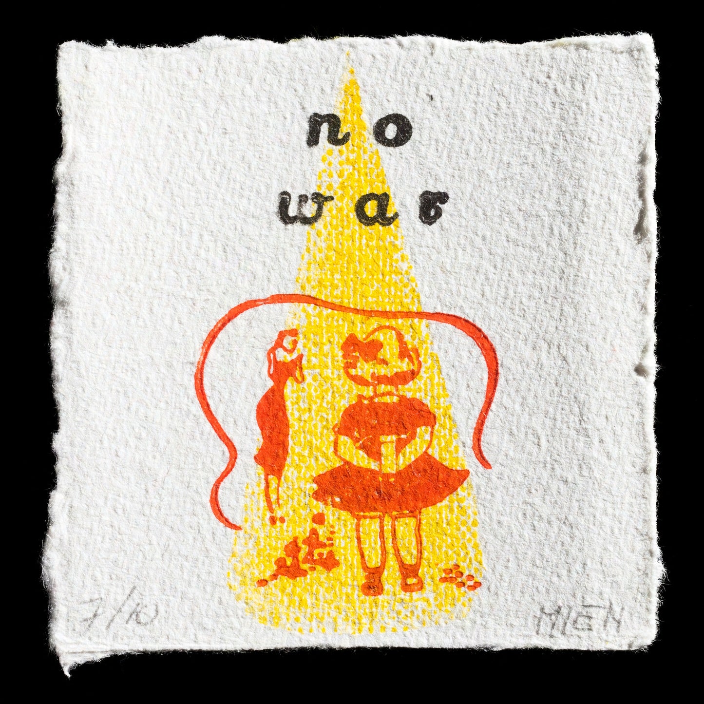 This artwork by Mandy Mienes features a striking design with bold black text "no war" at the top, set against a yellow background. A red illustration of a person holding an umbrella dominates the center, while a smaller figure stands to their left. The artist's use of relief print, photogravure, and Gelli plate techniques creates a visually compelling piece that effectively conveys its message.