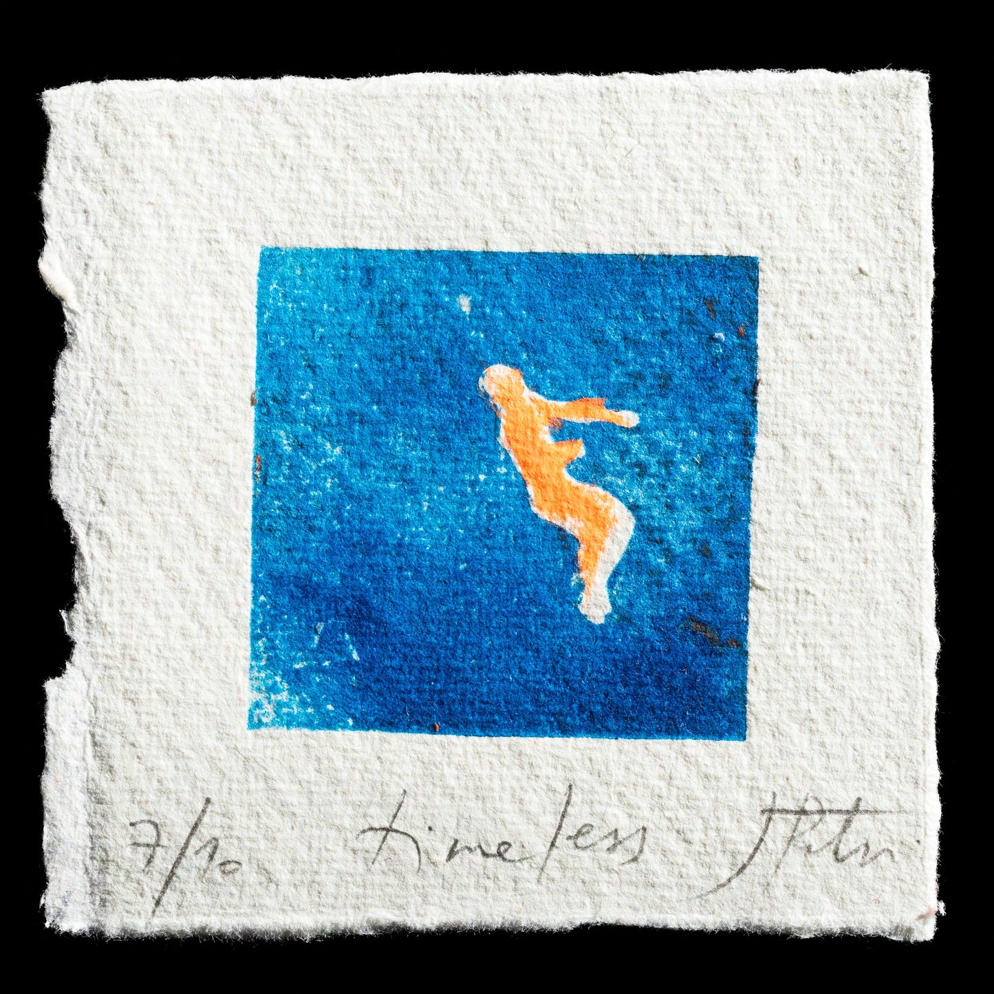 This print, "Timeless" by Juliane Petri, is a relief print characterized by its striking blue background and an abstract human figure in orange hues. The artist's unique use of color creates a captivating visual effect that invites contemplation.