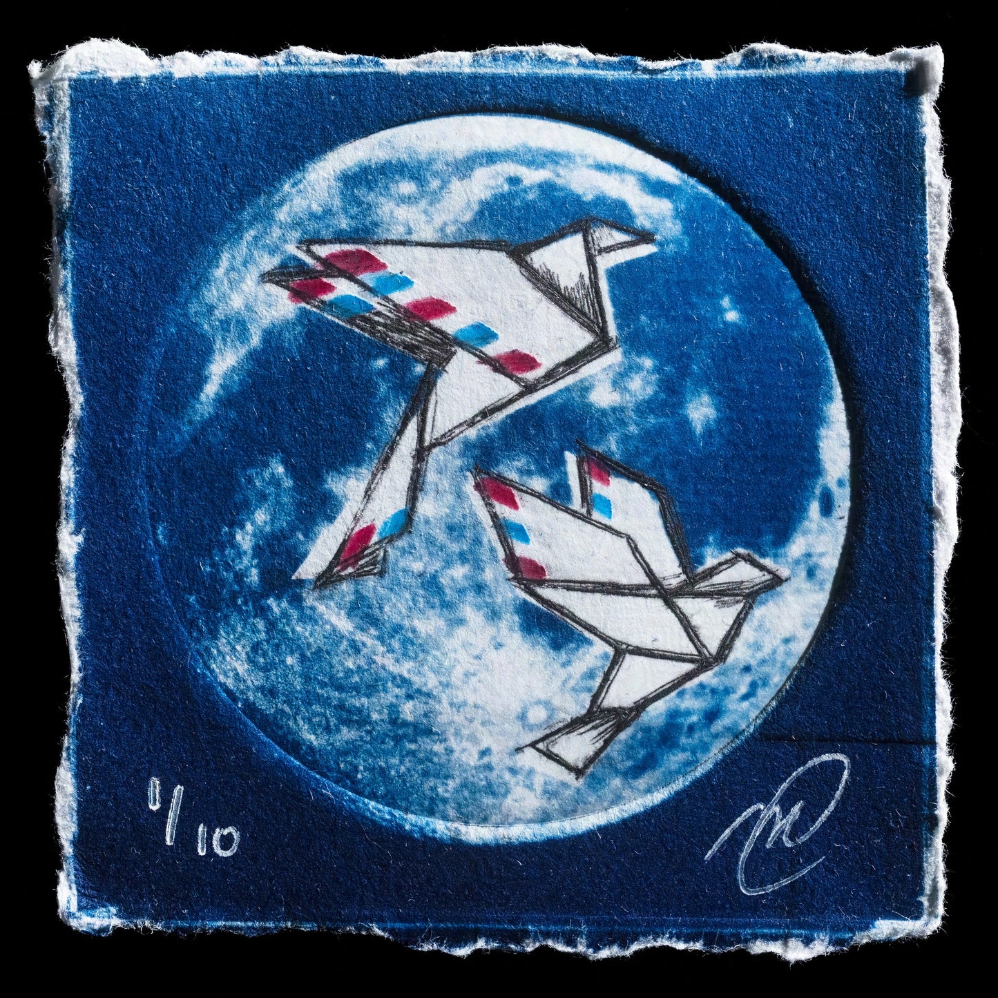 This print, 'Being over the moon with airmail greetings', is a mixed-media artwork featuring drypoint technique on paper. The composition showcases two airplanes flying in front of a large blue moon, set against a dark blue background. The artwork's color palette includes white, red, and blue accents.