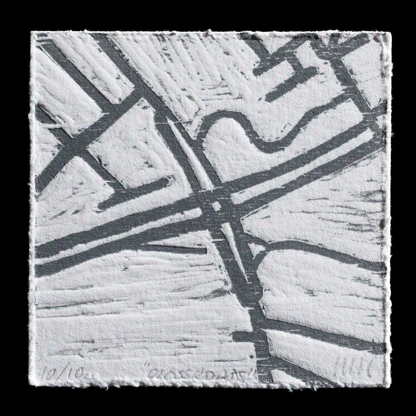 This captivating woodcut print, 'Crossroads', is a testament to Mary Hardy's skillful craftsmanship. The monochromatic palette features a striking gray tone that dominates the composition, with subtle hints of white adding depth and texture. A central intersection, comprising four bold lines, forms the focal point of the piece, while the surrounding areas are characterized by gentle waves and undulating patterns.