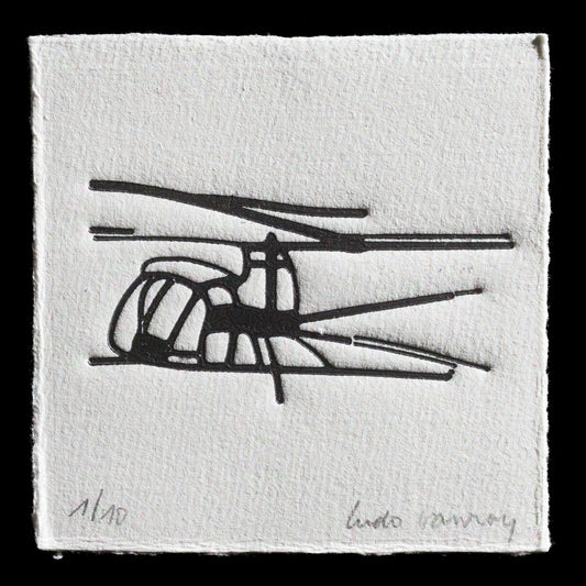 The artwork "L�alouette coquette" by Ludo Vanroy features a whimsical black-and-white depiction of a bird in flight. The artist's use of bold lines and minimalist style creates a striking visual effect, showcasing their unique interpretation of the subject.