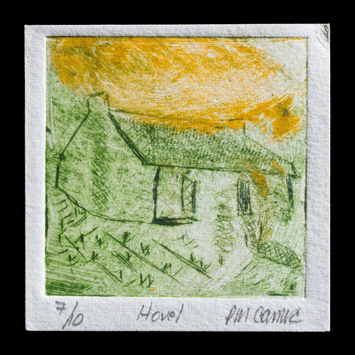 This print, titled 'Hovel,' is a work by Paul Camic, created using the technique of drypoint. The print features a simple yet evocative depiction of a humble dwelling, with minimalistic details and a focus on the structure's relationship to its surroundings. The color palette is subdued, emphasizing earthy tones that complement the rustic theme.