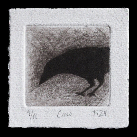 This captivating print, "Crow" by Jess Milhausen, showcases a striking crow in black silhouette against a textured grey background, rendered through mezzotint techniques. The artist's use of contrasting textures creates a visually appealing effect, while the dark tone and subtle shading add depth to the image.