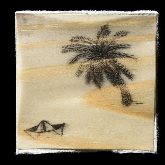 This etching print features a serene beach scene with palm trees and boats, characterized by warm earth tones and soft textures that evoke a sense of tranquility. The artist's use of fine lines and delicate shading creates a detailed yet subtle depiction of the island landscape.