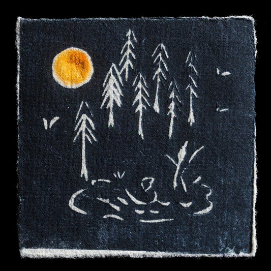 Here's a rewritten response:

This print, "Midnight at The Duckpond" by Cecilia Sharpley, features a serene nighttime scene with silhouetted trees and a pond under a starry sky, rendered in shades of blue and white on a black background.