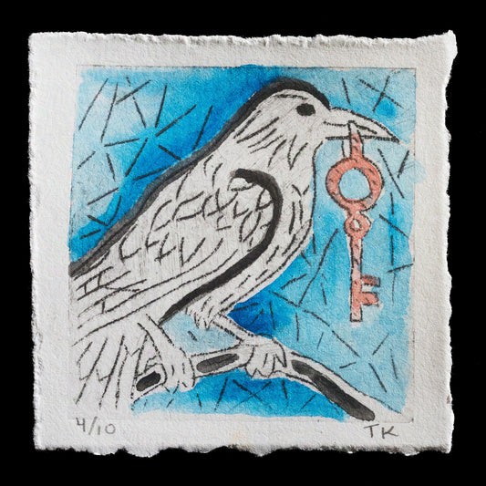 This print, "Quoth" by Trish Kelly, is a captivating piece that showcases drypoint techniques. A striking white bird takes center stage against a vibrant blue background, adorned with black lines that add depth and texture to its plumage. The bird's outstretched wing appears to hold a key in its beak, adding an intriguing element to the composition.