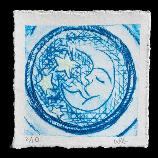 This captivating print, "Luna", is a drypoint etching by Bill Kelly. The central moon shape is intricately outlined in blue, surrounded by a subtle border featuring five stars with delicate lines connecting them to the moon's surface. Against a light gray background, the piece exudes a sense of serenity and wonder.