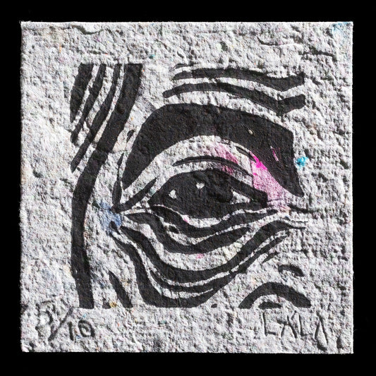 This captivating linocut print, titled "Gaze" by Lala Zarei, showcases a profound human expression through bold black lines set against white paper. The artist's skilled use of negative space creates an air of mystery and intrigue, inviting the viewer to ponder the subject's gaze. The stark color palette adds depth to the composition, making for a striking visual statement.