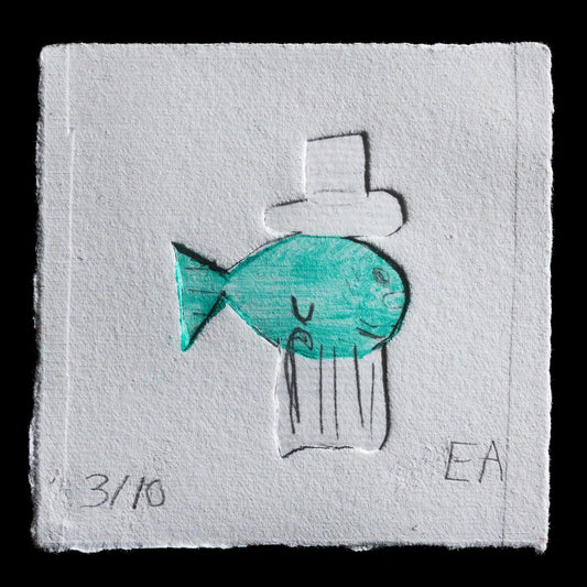 This print, titled "Grandpa Fish" by Esther Askins, features a whimsical illustration of an elderly fish wearing a top hat and holding a cane. The artwork showcases intricate details and textures created through the drypoint technique.
