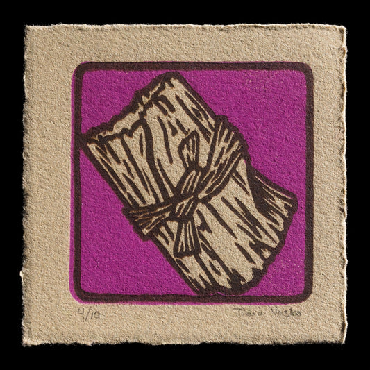 This linocut print titled 'Tamale' by Dara Vasko presents a stylized depiction of a tamale in a square format. The vibrant purple background is accentuated by dark brown lines that outline and detail the central image, creating a striking contrast between the bold colors. A subtle border effect adds depth to the composition, while the artist's signature and edition number are discreetly placed at the bottom edge.
