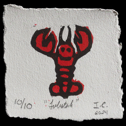 This print, titled "Lobstah" by Innessa Colaiacovo, is a captivating linocut artwork featuring a stylized red lobster design against a white background. The bold lines and vibrant coloration create a striking visual effect.