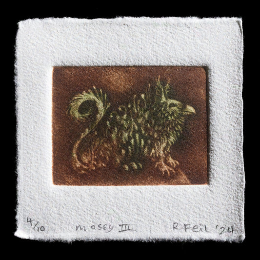 This captivating print, "Mossy III" by Randie Feil, showcases a striking mezzotint technique that brings to life a moss-covered subject in rich earthy tones. The intricate details and textures of the moss are rendered with remarkable precision, inviting viewers to explore its intricate patterns and hues.