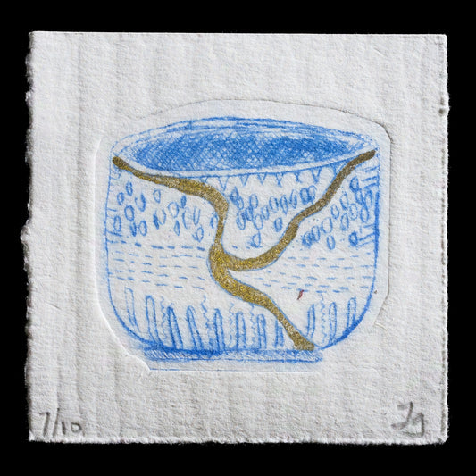 This print, titled "Shades of Scythe" by Jo Gifford, showcases a captivating composition of blue and gold hues set against a white background. The artwork features a stylized scythe motif with intricate details and delicate lines. The use of drypoint technique is evident in the texture and tonal range achieved on the paper surface.