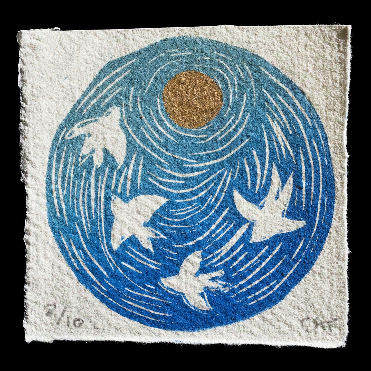 This print, 'A Scream of Swifts,' showcases Chard� Fabian's use of linocut techniques. The image depicts a stylized representation of birds in flight, rendered in blue ink on a white background with subtle gold accents.