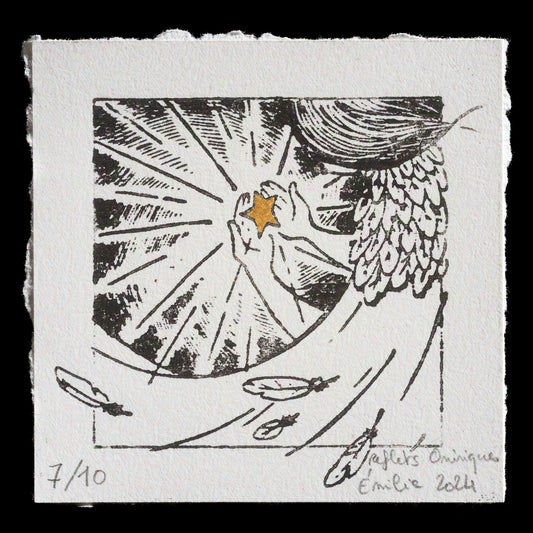 This captivating artwork, "Light in the Darkness" by �milie DELTORT, showcases a harmonious blend of techniques: wood engraving, mixed media, and lasercutting. The print features a striking gold star shining brightly within a square frame, surrounded by a subtle yet evocative landscape that invites contemplation.