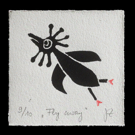 This captivating linocut print, titled "Fly Away", features a striking black silhouette against a white background. The design showcases stylized leaves and a flower-like shape at its center, evoking a sense of freedom and movement. A delicate red arrow extends from the right side of the image, adding a pop of color to the overall composition.
