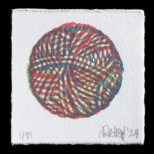 This print by Anke Hopf features a vibrant ball of yarn or string, rendered in a kaleidoscope of red, blue, green, yellow, and white hues. The linocut technique is evident in its bold, graphic style.