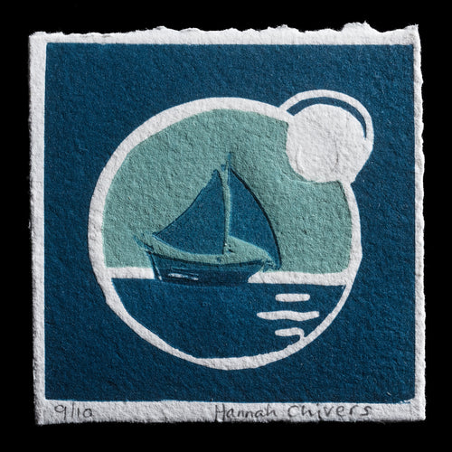 This captivating linocut print by Hannah Chivers, titled 'Fair Winds,' showcases a serene sailboat navigating through calm waters. Set against a soothing blue background, the sailboat is rendered in a harmonious blend of blues, evoking a sense of tranquility and peacefulness. The artist's use of handmade paper adds an organic touch to this beautiful piece, inviting viewers to appreciate its intricate details and subtle color palette.