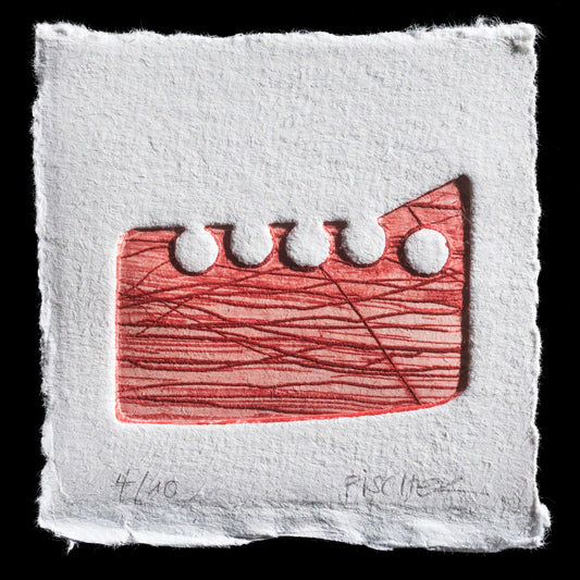The artwork, "Red Boat" by Antje Fischer, is an etched print that presents a striking composition featuring a red boat with five white dots along its edge. The boat's body is characterized by thin, crisscrossing lines, while the background remains unprinted, allowing the viewer to focus on the central subject. This piece showcases Fischer's skillful use of color and line work in an etched print medium.