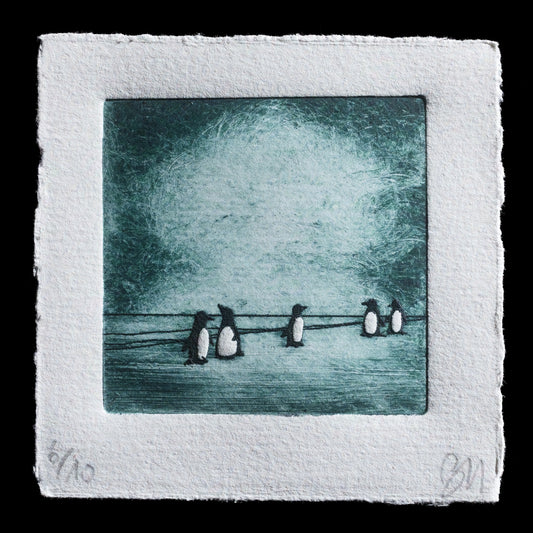 Here is a rewritten SEO description for the print:

"5 Pinguine", an artwork by Brigitte M�nch, showcases penguins in a monochromatic palette of black and white on a light gray background."