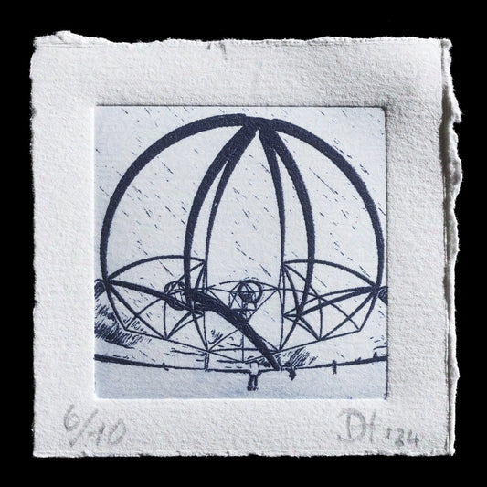 The print 'Tetraeder Bottrop' by Dirk Hermann showcases a geometric design with four interlocking spheres, rendered in black ink on white paper using intaglio and lasercutting techniques. The image features a central sphere surrounded by three others, creating a striking visual effect. The title and artist's name are subtly integrated into the design, adding an extra layer of depth to the print.