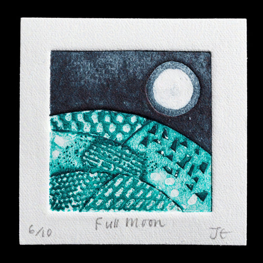 This captivating print, "Full Moon," is a masterful creation by Jean Edwards, employing the technique of collagraph. The artwork features a striking composition with bold lines and shapes in shades of teal and white, set against a contrasting black background. A prominent moon dominates the upper right corner, while the lower half of the image showcases abstract patterns reminiscent of the night sky.