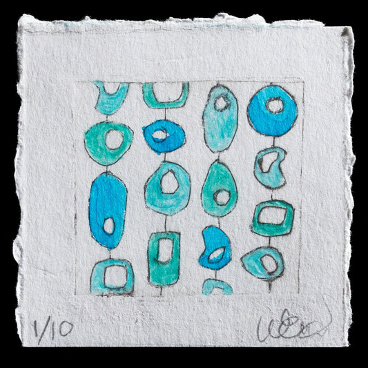 This print, "Palm Springs" by Wendi Dunlap, showcases a vibrant composition of blue-green shapes on white paper. The artwork employs intaglio techniques, combined with mixed media elements to create a visually striking piece.