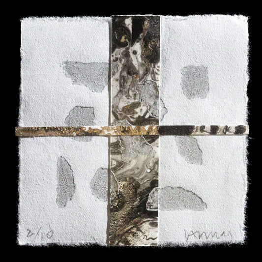 This captivating print, "Perpendicular" by Victoria Ballas Armas, showcases a striking combination of textures and tones. Crafted using collagraph techniques with chine-coll�, the artwork features predominantly black and white hues, punctuated by subtle hints of gold. The composition consists of intersecting rectangles, creating a visually dynamic effect that draws the viewer's attention.