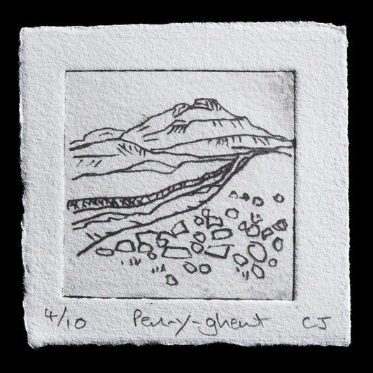 The artwork "Pen-y-Ghent" by Christian Jackson showcases a serene landscape, rendered in drypoint technique. The monochromatic color scheme features shades of black ink on white paper. This piece captures a mountainous terrain, with subtle gradations of tone and texture that evoke the rugged beauty of the natural world.