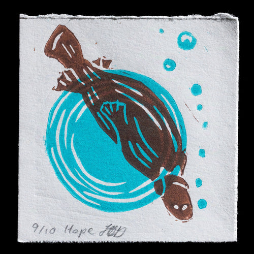 This linocut print, titled 'Hope', features a stylized fish swimming in a vibrant blue circle, surrounded by subtle hints of brown. The artwork showcases Heather Davidson's skillful use of linocut techniques to create a visually striking piece.