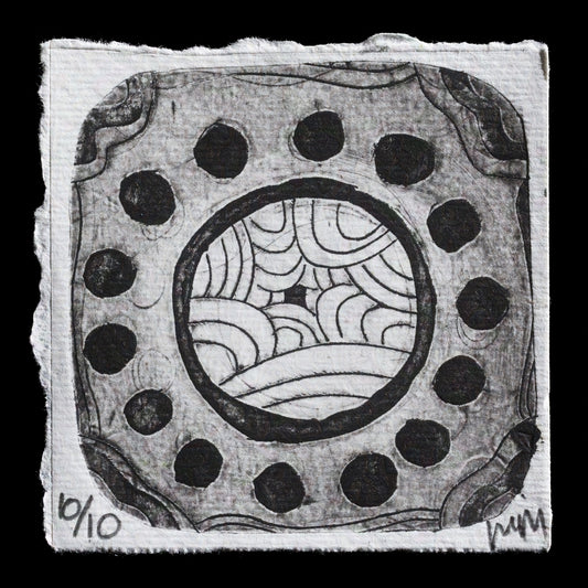 This intaglio print, titled "Mulya" by Meeka Made, features a captivating composition of abstract shapes and lines in shades of black and white, evoking a sense of intricate detail and texture. The artist's use of contrasting colors creates a dynamic visual effect, inviting the viewer to explore the nuanced layers within the print.