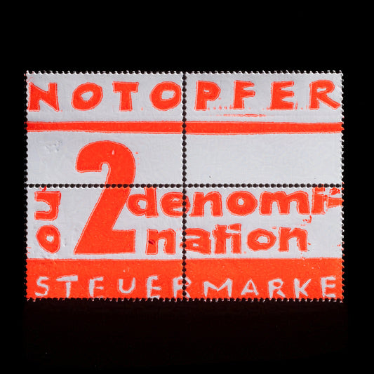 This linocut print by A. Vietz features a striking red design with bold typography set against a crisp white background.