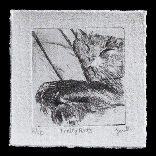 This captivating etching by Jennifer Reda showcases a charming scene featuring two birds perched amidst lush foliage.

**Key Features:**

* Intaglio technique utilizing drypoint
* Depiction of two birds in a verdant setting, likely set against a blue sky (not visible)
* Delicate lines and subtle shading convey the natural beauty of the scene

The print's title, "Pretty Peets," hints at its whimsical charm.