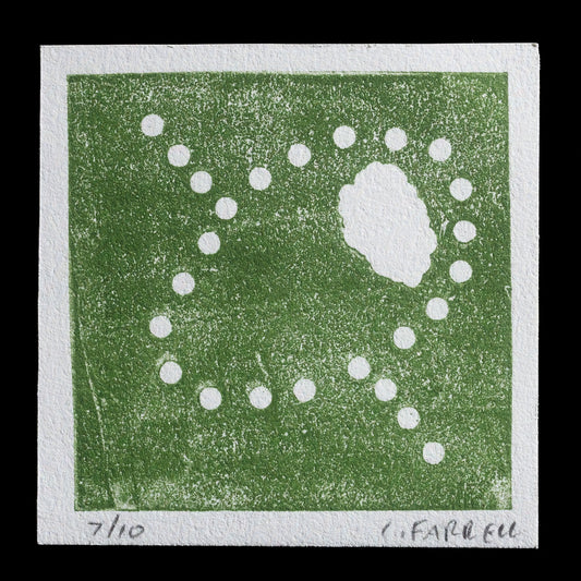 This monochromatic green relief print, "Martini Constellation" by Cathy Farrell, showcases a square composition with intricate white dots arranged in a symmetrical pattern. The print's background features a subtle gradient effect, adding depth to its design.