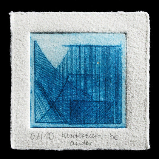 The image features a blue abstract geometric shape on white paper, created by B�rbel Clemens using drypoint and intaglio techniques. The print's title, 'hintereinander - behind each other -', suggests a sense of layering or depth.