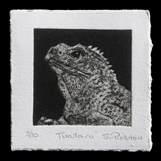 The artwork, titled "Tuatara" by Sue Preston, is a captivating print created using intaglio techniques on TetraPak paper. The piece features an intricate depiction of a tuatara's head in grey tones against a black background, showcasing the artist's skillful use of contrasting colors to create depth and visual interest.