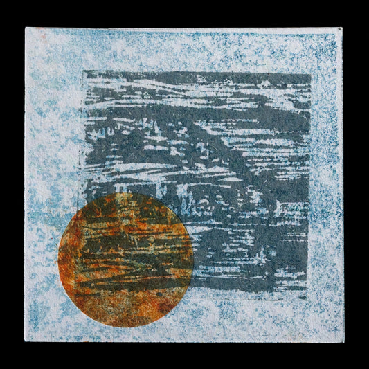 This captivating print, 'Tiny Worlds', showcases Chloe Labbett's mastery of various techniques including intaglio, relief printing, etching, engraving, aquatint, and lithography. The artwork presents a harmonious blend of earthy tones, with a dominant palette of blue, brown, and yellow hues, evoking an otherworldly atmosphere reminiscent of distant planets or celestial bodies.