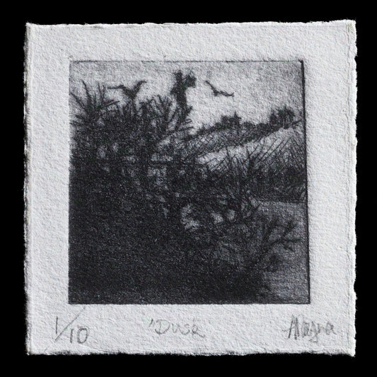 This etching depicts a serene landscape at dusk, featuring trees and birds in flight, rendered with subtle tonal variations that convey a sense of tranquility. The dark brown print showcases Reyna's skillful use of drypoint techniques to evoke the mood of the natural world.