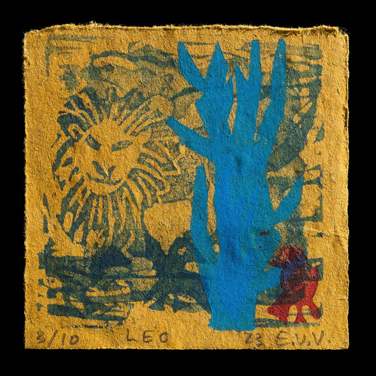 This artwork, titled 'Leo' by Ellen van Vollenhoven, is a captivating linocut print featuring handmade paper techniques. The piece showcases a vibrant color palette, with bold blues and striking reds dominating its design. The composition is characterized by the artist's use of relief printing to create intricate textures and patterns on the handmade paper surface.