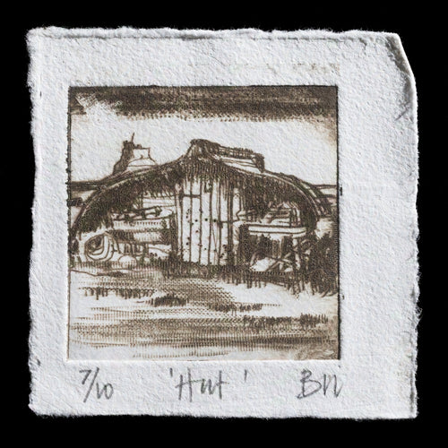 This print, 'Hut' by Brian Ramsey, is a captivating piece created using the technique of drypoint. It showcases a serene depiction of a hut, with its rustic charm and earthy tones evoking a sense of tranquility and connection to nature.