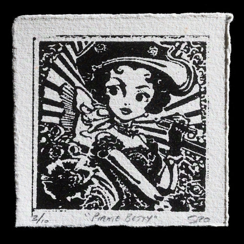 This captivating linocut print, 'Pirate Betty' by Steve Orrison, showcases a striking black-and-white image of a woman dressed as a pirate. The artwork effectively utilizes negative space to create a bold composition, emphasizing the subject's facial features and attire. The artist's use of contrasting colors adds depth and visual interest to the piece.