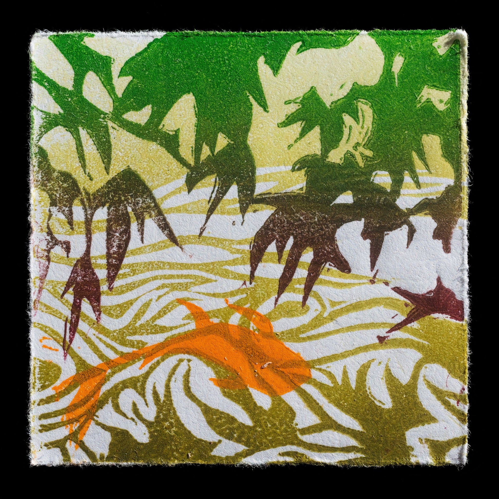 The print "Reflections" by Ophelia Webber showcases a harmonious blend of green, orange, and white hues, with bold black linework that evokes a sense of tranquility and natural beauty.