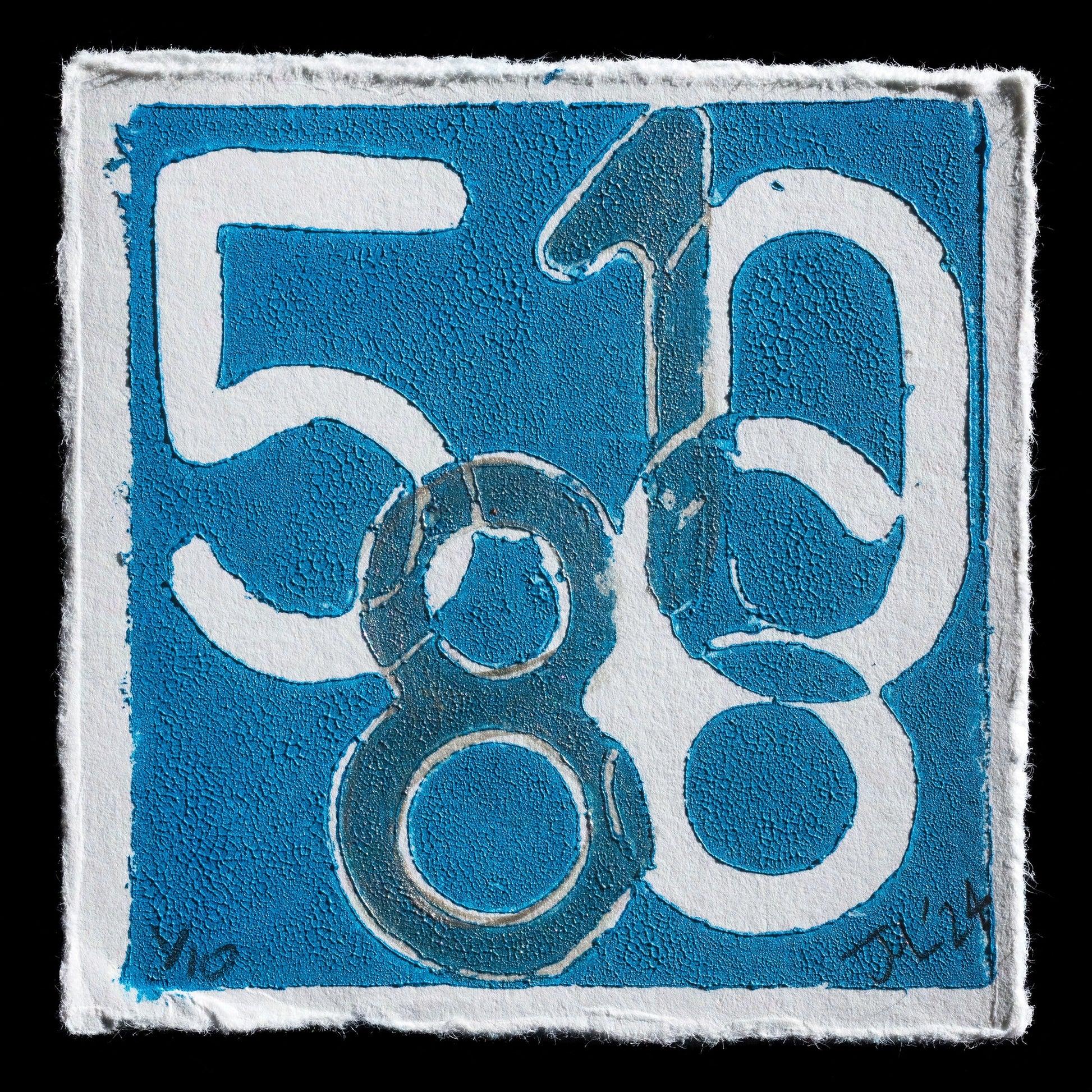 This print titled '51806' by Juliette M Ludeker is a striking example of relief printing technique, showcasing bold white numerals set against a deep blue background. The artist's use of contrasting colors creates a visually appealing piece that invites close examination.